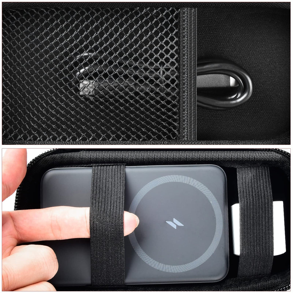 Black case interior securing a magnetic power bank with elastic straps and charging cable in the mesh pocket