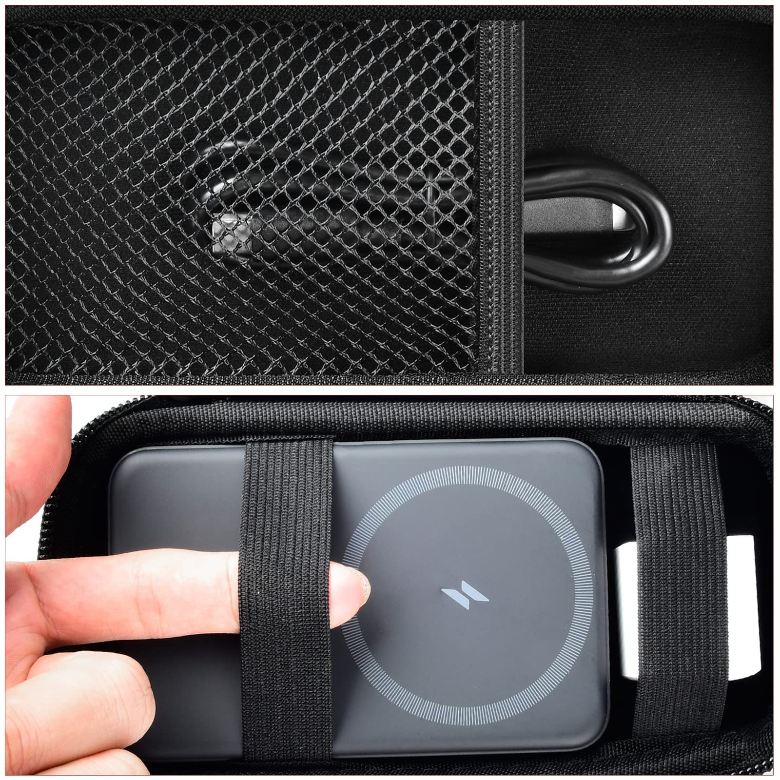 Black case interior securing a magnetic power bank with elastic straps and charging cable in the mesh pocket
