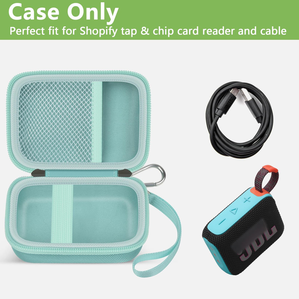 Open mint green JBL Go speaker case with mesh cable pocket and elastic retaining strap; case only