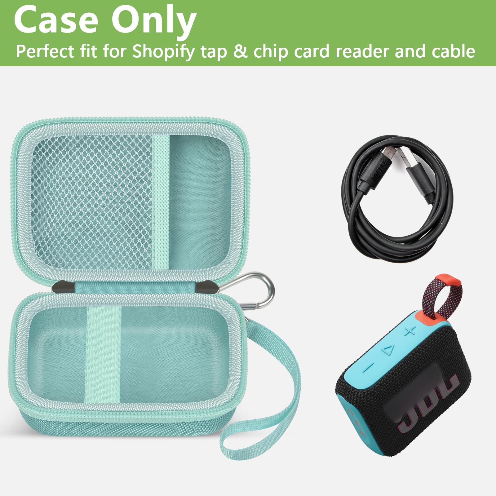 Open mint green JBL Go speaker case with mesh cable pocket and elastic retaining strap; case only