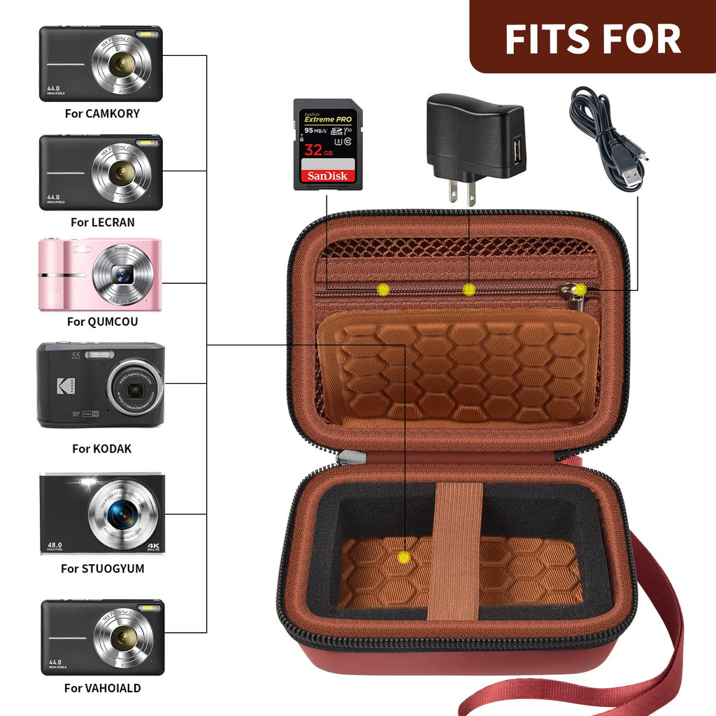 Open coral and brown compact camera case shown with compatible Kodak, Canon, and Sony cameras