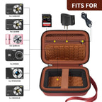 Open coral and brown compact camera case shown with compatible Kodak, Canon, and Sony cameras