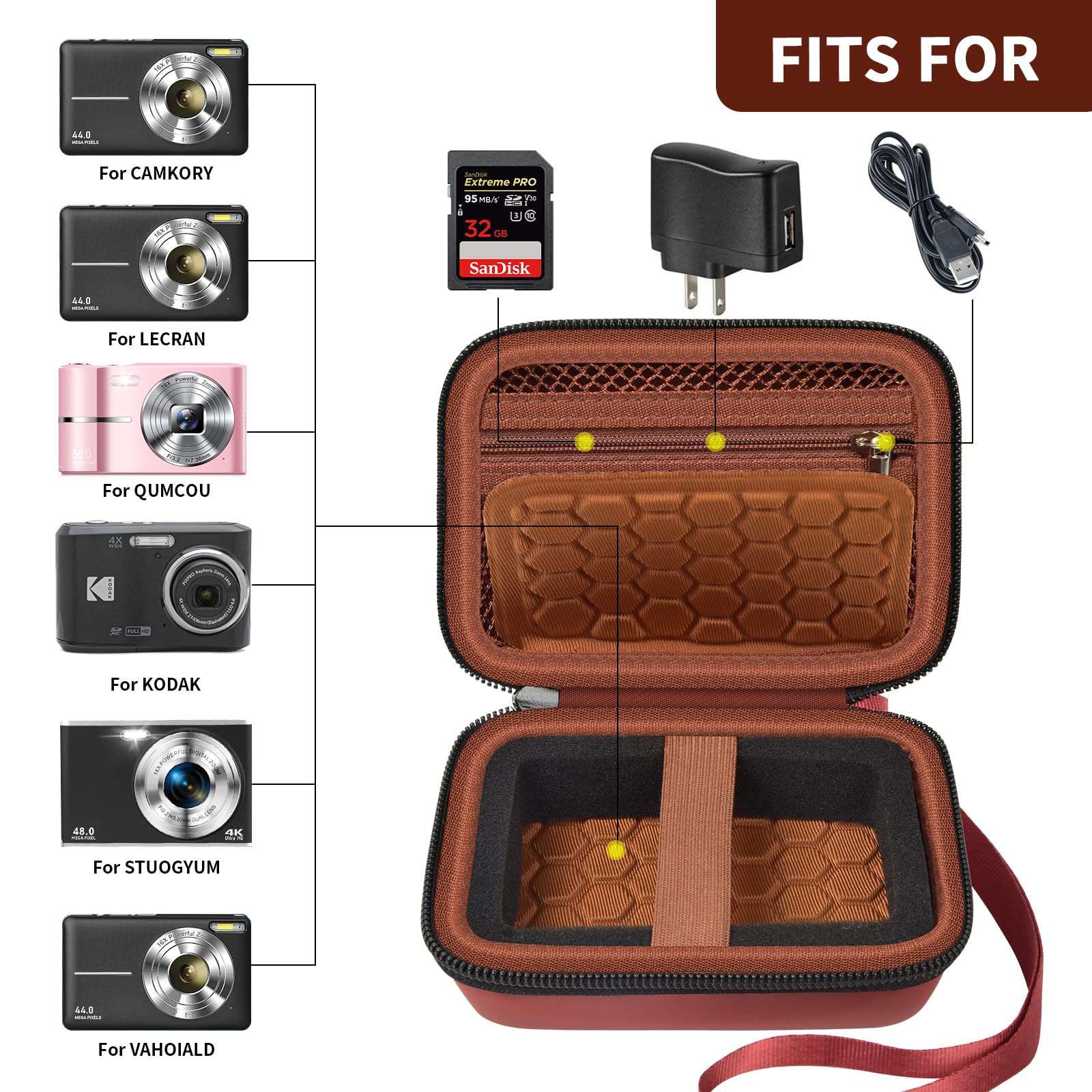 Open coral and brown compact camera case shown with compatible Kodak, Canon, and Sony cameras