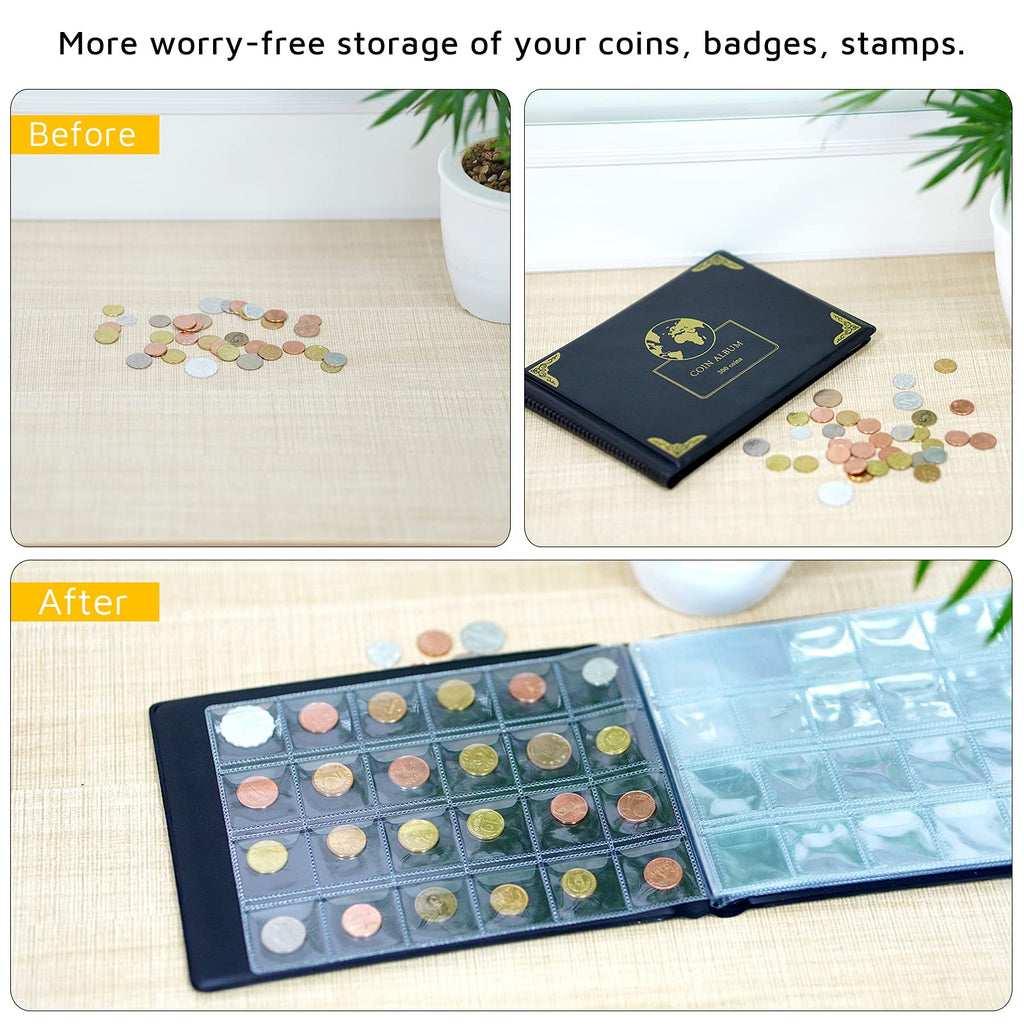Before-and-after view of loose coins organized inside the navy collection album