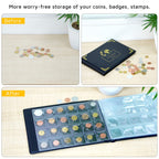 Before-and-after view of loose coins organized inside the navy collection album