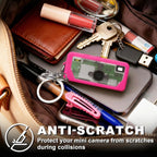 Hot pink silicone case for Kodak Charmera keychain camera anti-scratch protection shown inside a bag