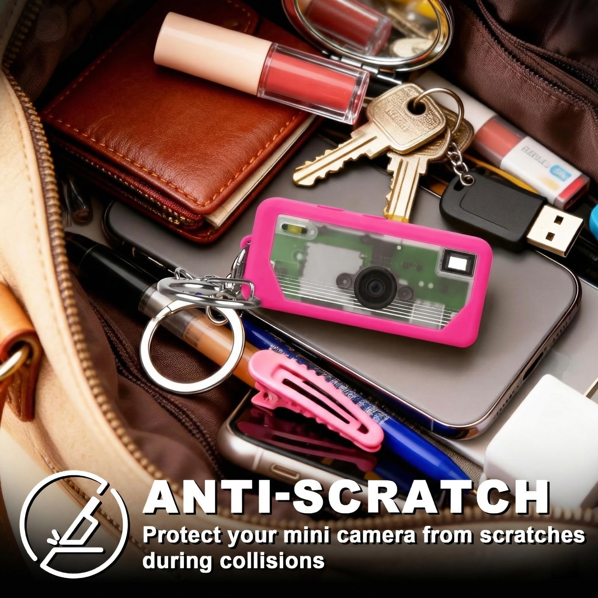 Hot pink silicone case for Kodak Charmera keychain camera anti-scratch protection shown inside a bag
