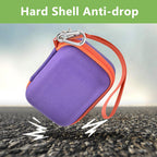 Purple and orange hard-shell JBL Go speaker case demonstrating anti-drop protection