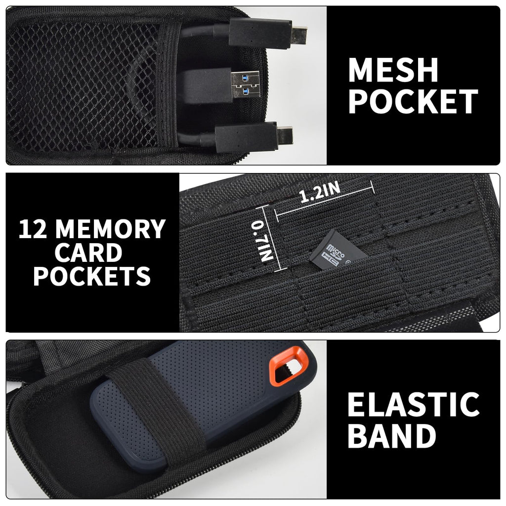 Black SSD case interior with mesh pocket, 12 card slots, and elastic drive strap