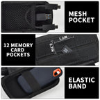 Black SSD case interior with mesh pocket, 12 card slots, and elastic drive strap