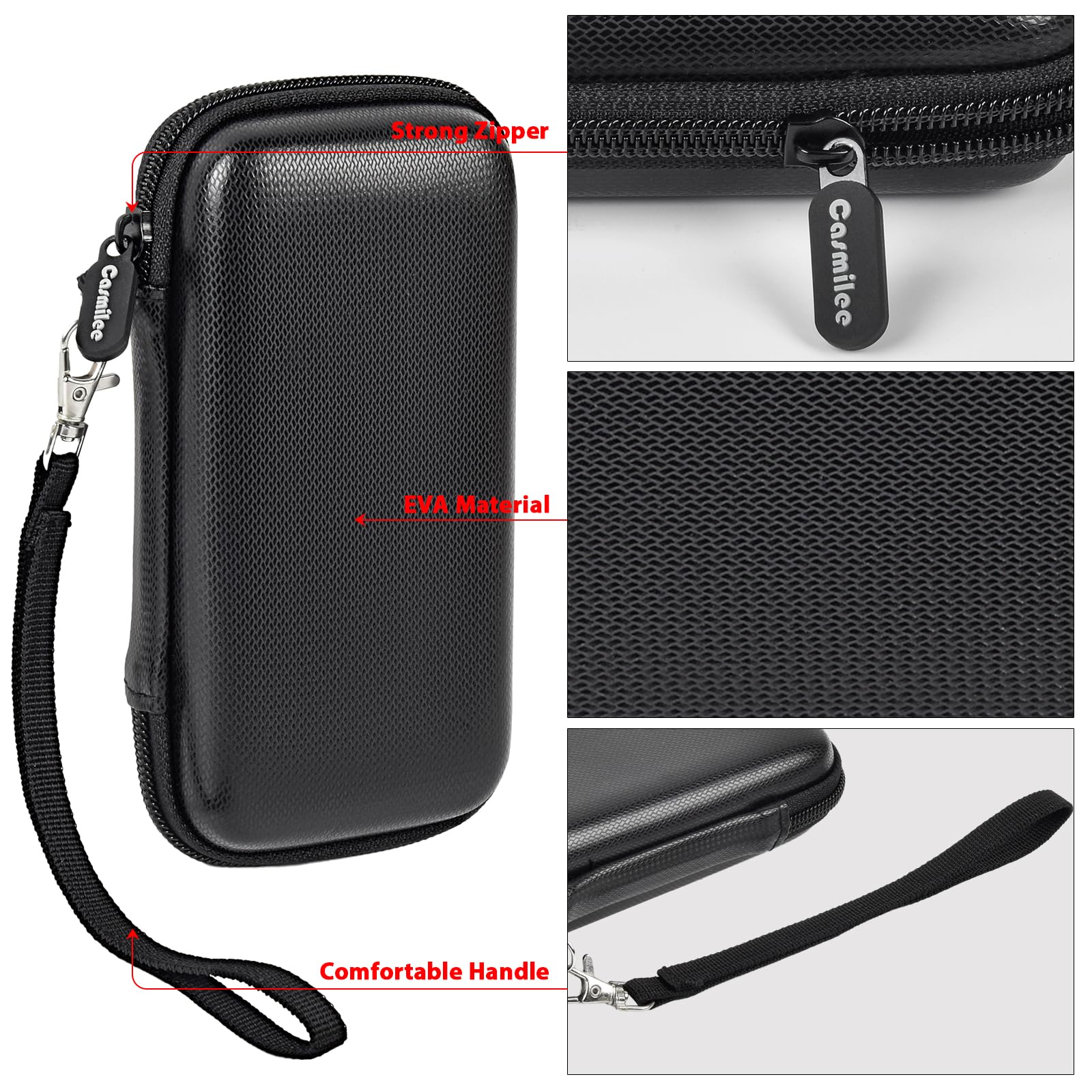 Black EVA power bank case with strong zipper, textured shell, and wrist strap