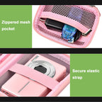 Pink protective digital camera case zippered mesh pocket and elastic camera strap interior