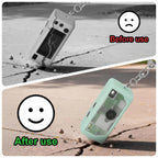 Mint green silicone case for Kodak Charmera keychain camera drop-protection demonstration with keychain attached