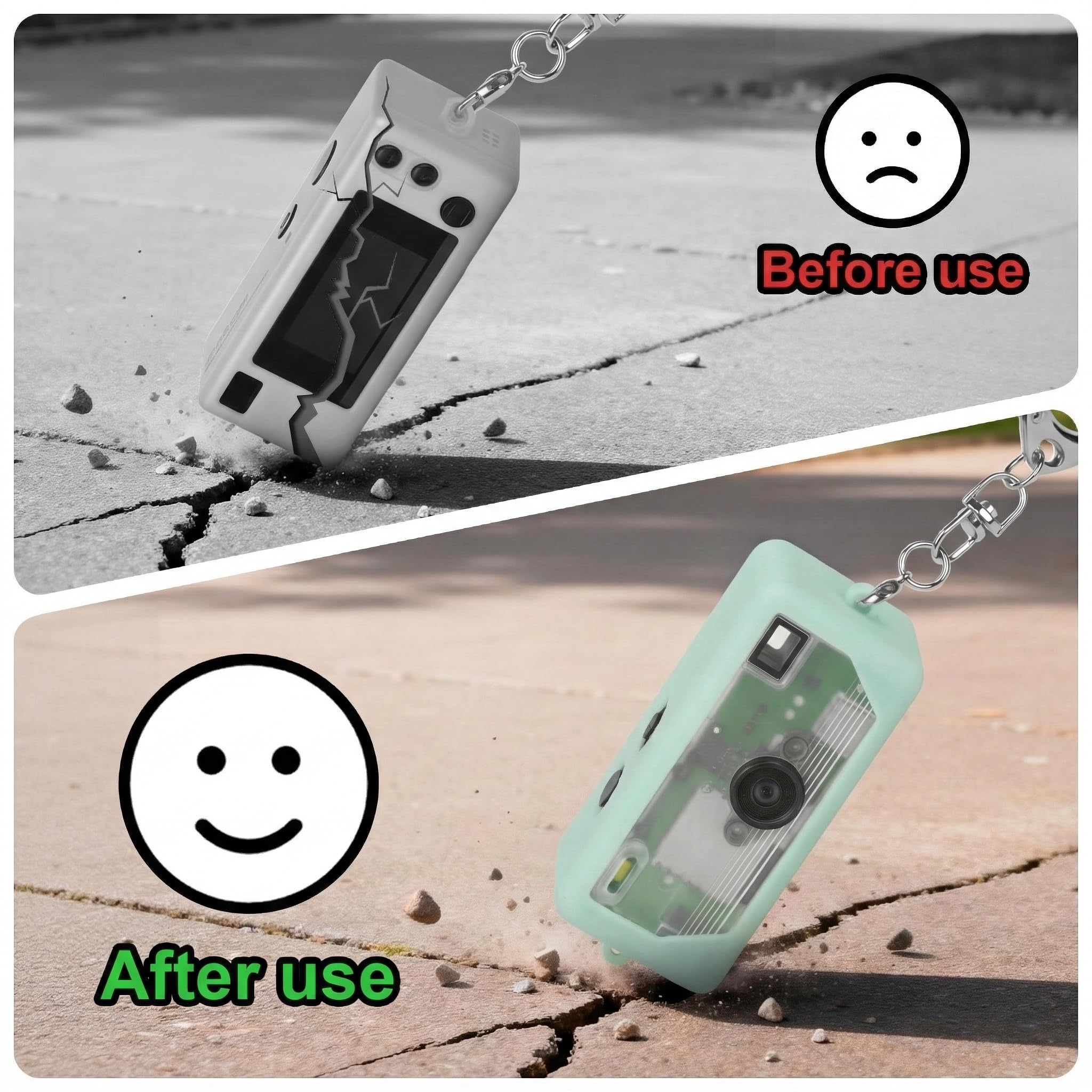 Mint green silicone case for Kodak Charmera keychain camera drop-protection demonstration with keychain attached