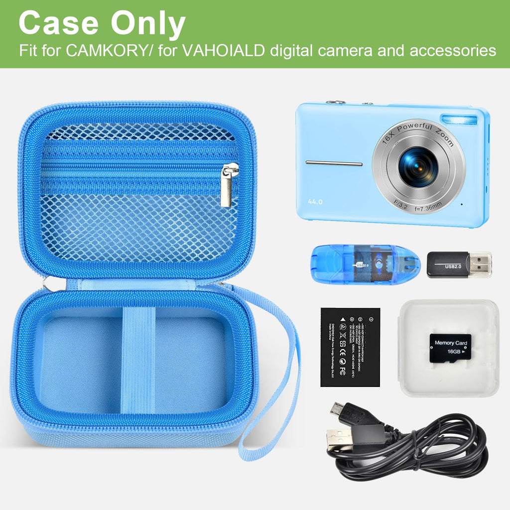 Blue protective digital camera case shown open with compatible compact camera and accessories