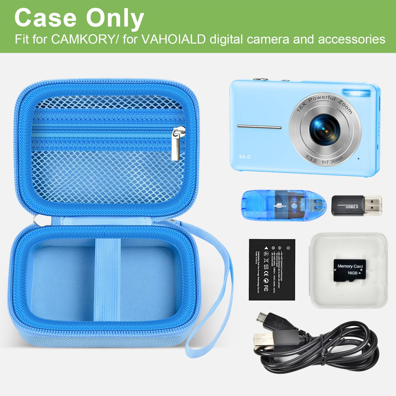 Blue protective digital camera case shown open with compatible compact camera and accessories