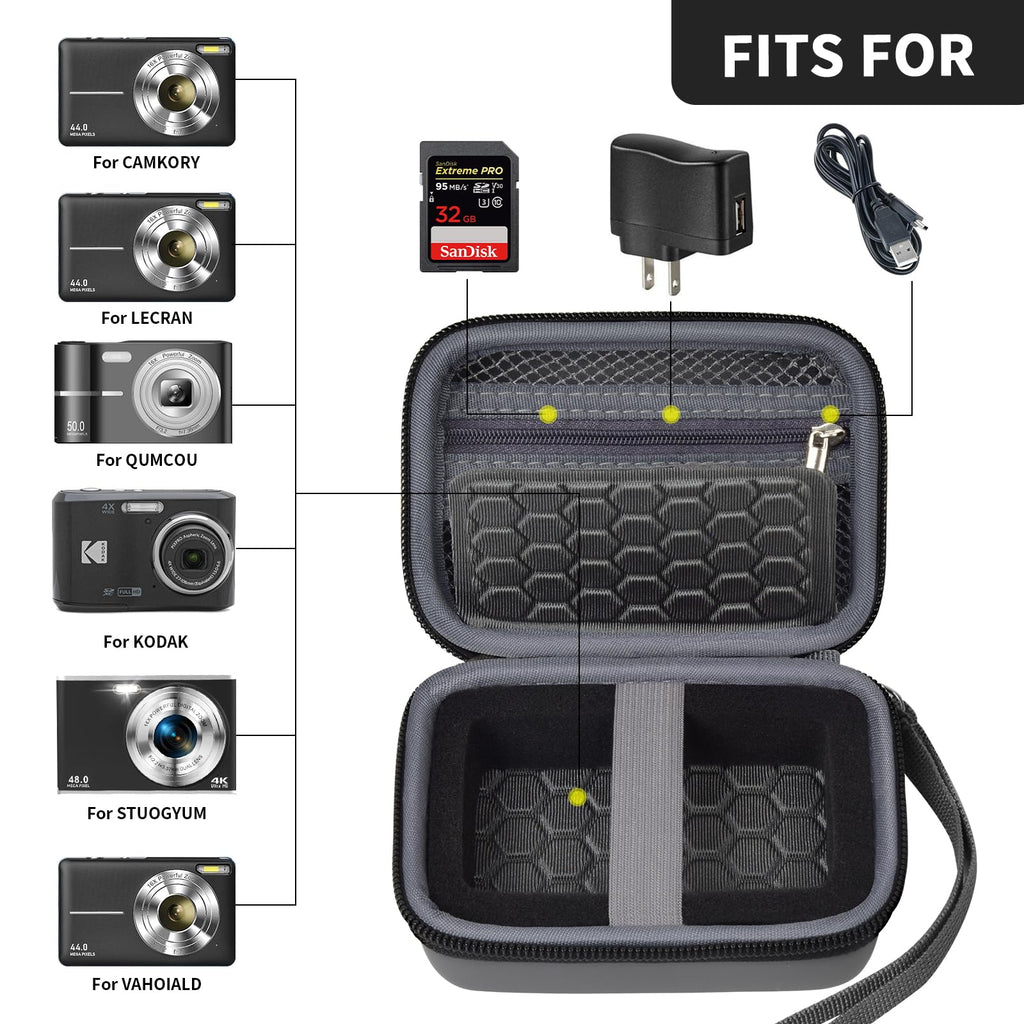 Open gray compact camera case shown with compatible Kodak, Canon, and Sony cameras
