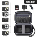 Open gray compact camera case shown with compatible Kodak, Canon, and Sony cameras