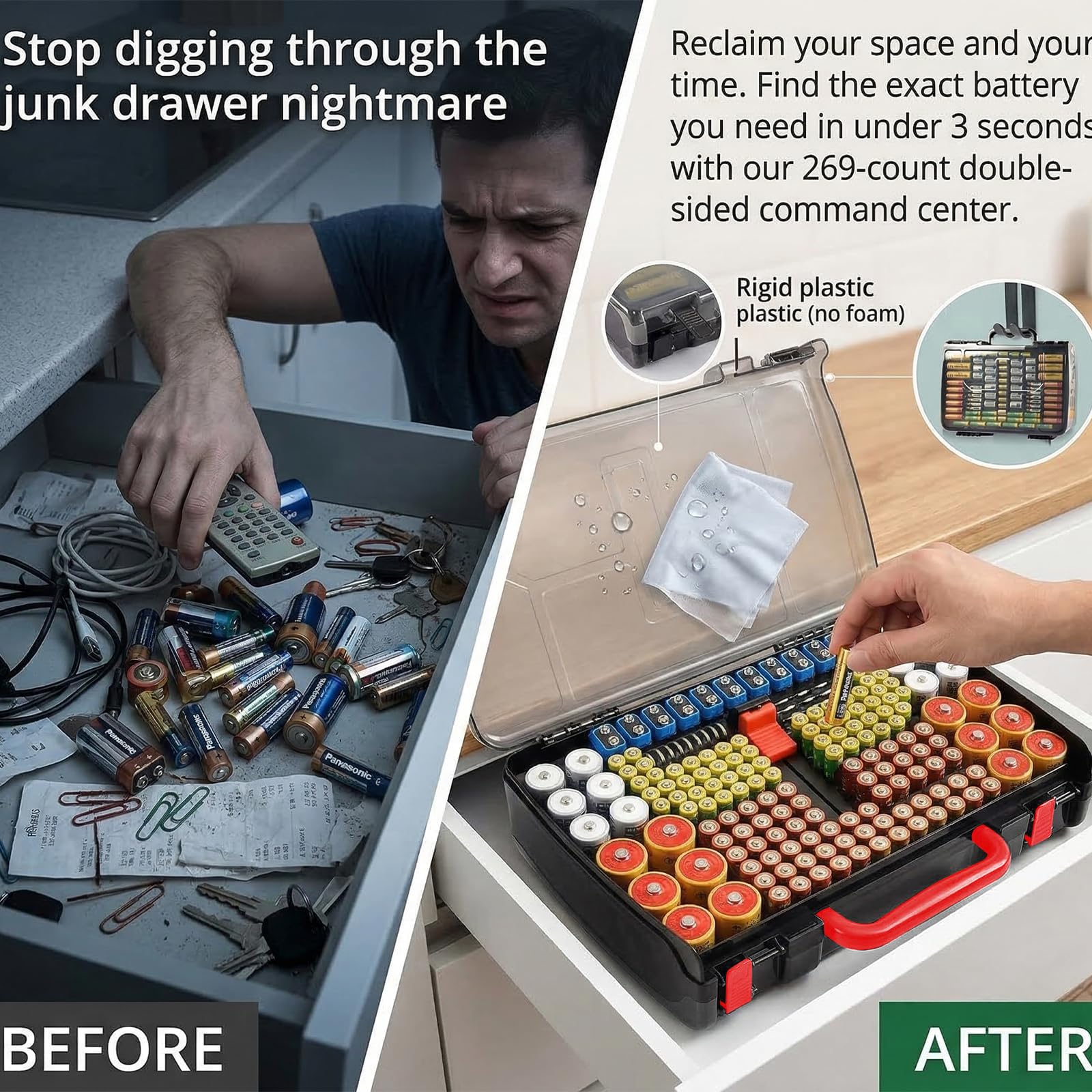 Black with red handle 269-slot battery organizer case before-and-after battery organization comparison