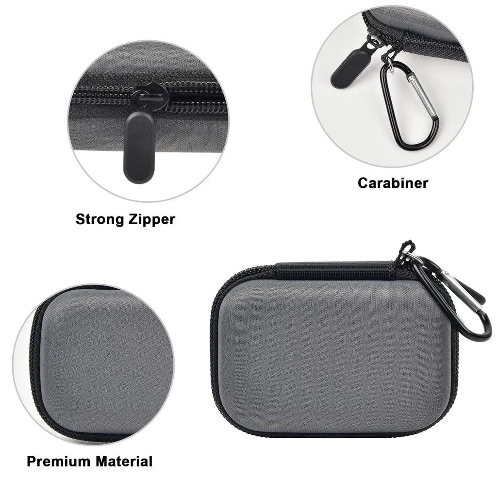 Gray portable SSD case with strong zipper, carabiner, and premium hard-shell material