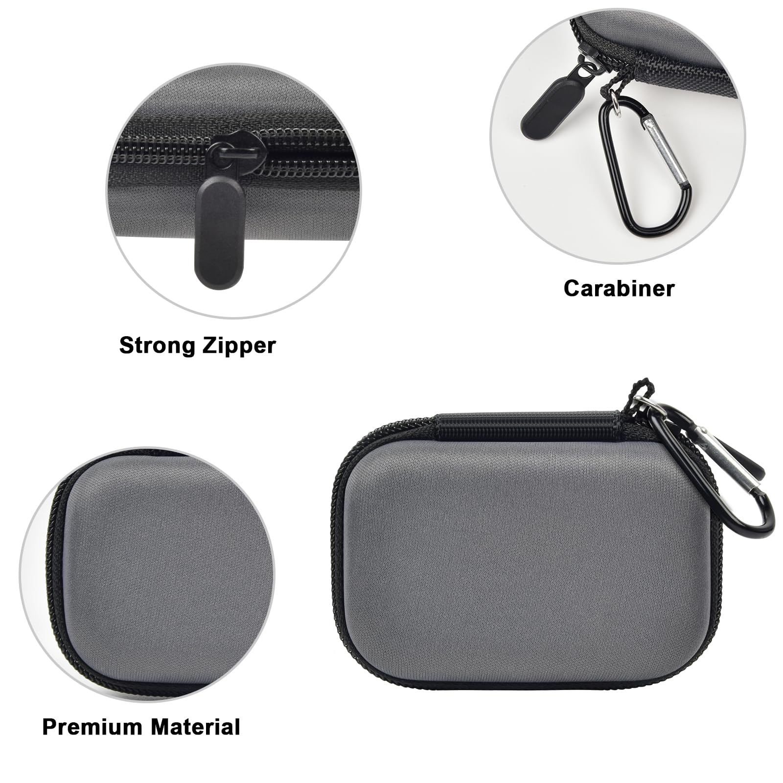 Gray portable SSD case with strong zipper, carabiner, and premium hard-shell material