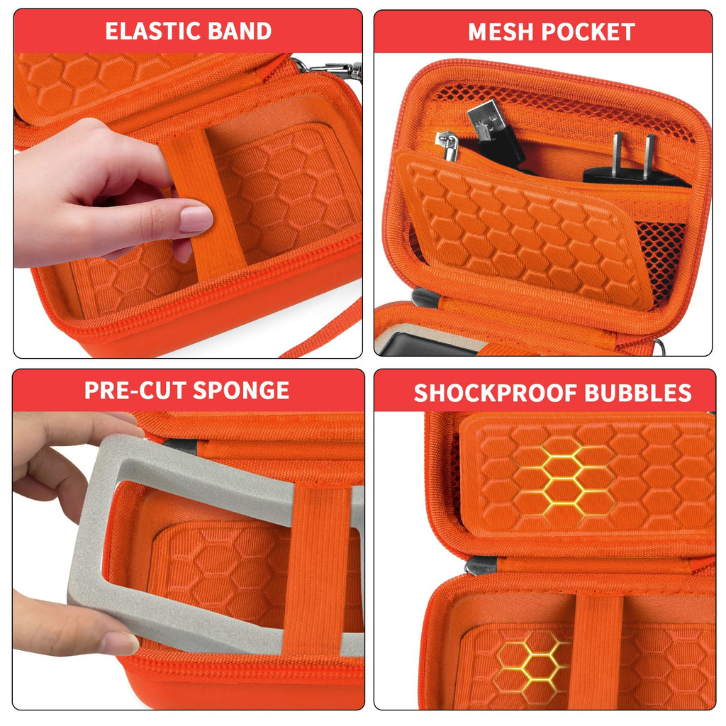 Orange camera case with shockproof PU shell, splash resistance, and strong zipper