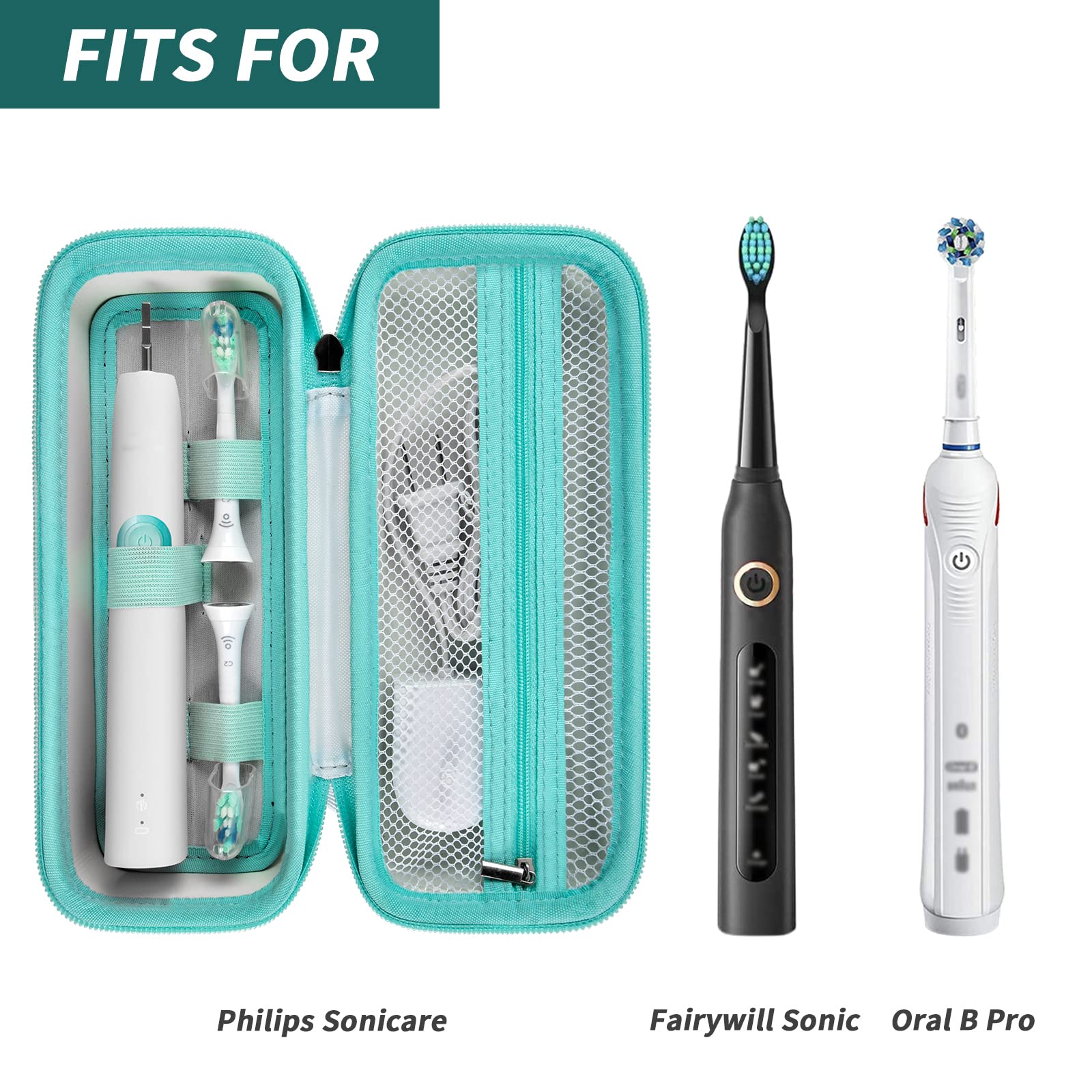 Open teal toothbrush case shown with compatible Oral-B and Philips Sonicare handles