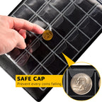 Protective pocket flap securing a coin inside the collection album