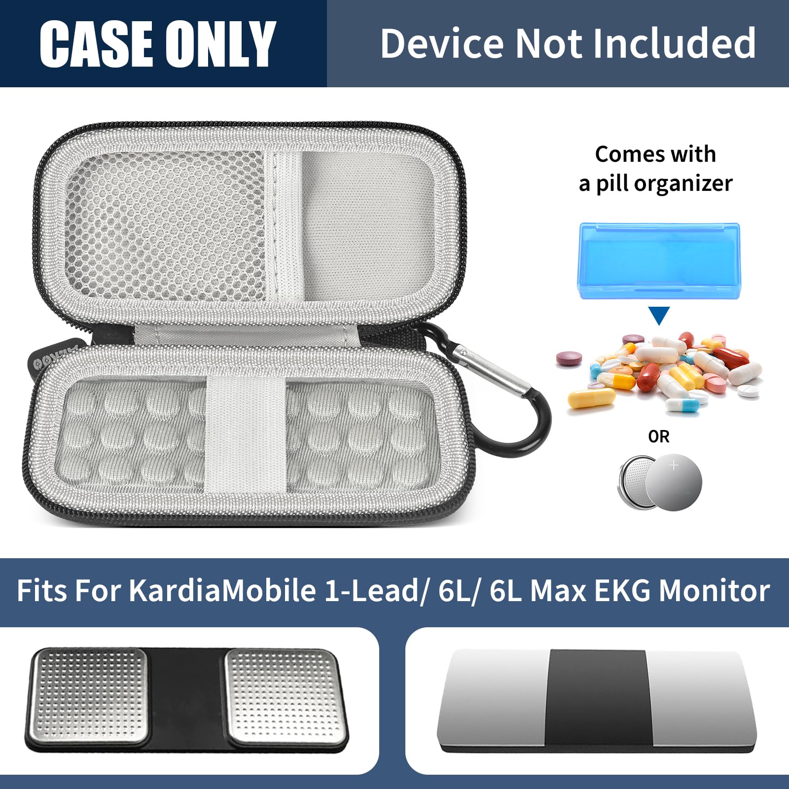 Black KardiaMobile case with mesh pocket, sensor area, and accessory compartments; case only
