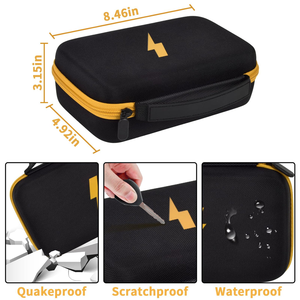 Black and yellow multimeter case dimensions with impact, scratch, and water-resistant protection