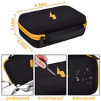 Black and yellow multimeter case dimensions with impact, scratch, and water-resistant protection