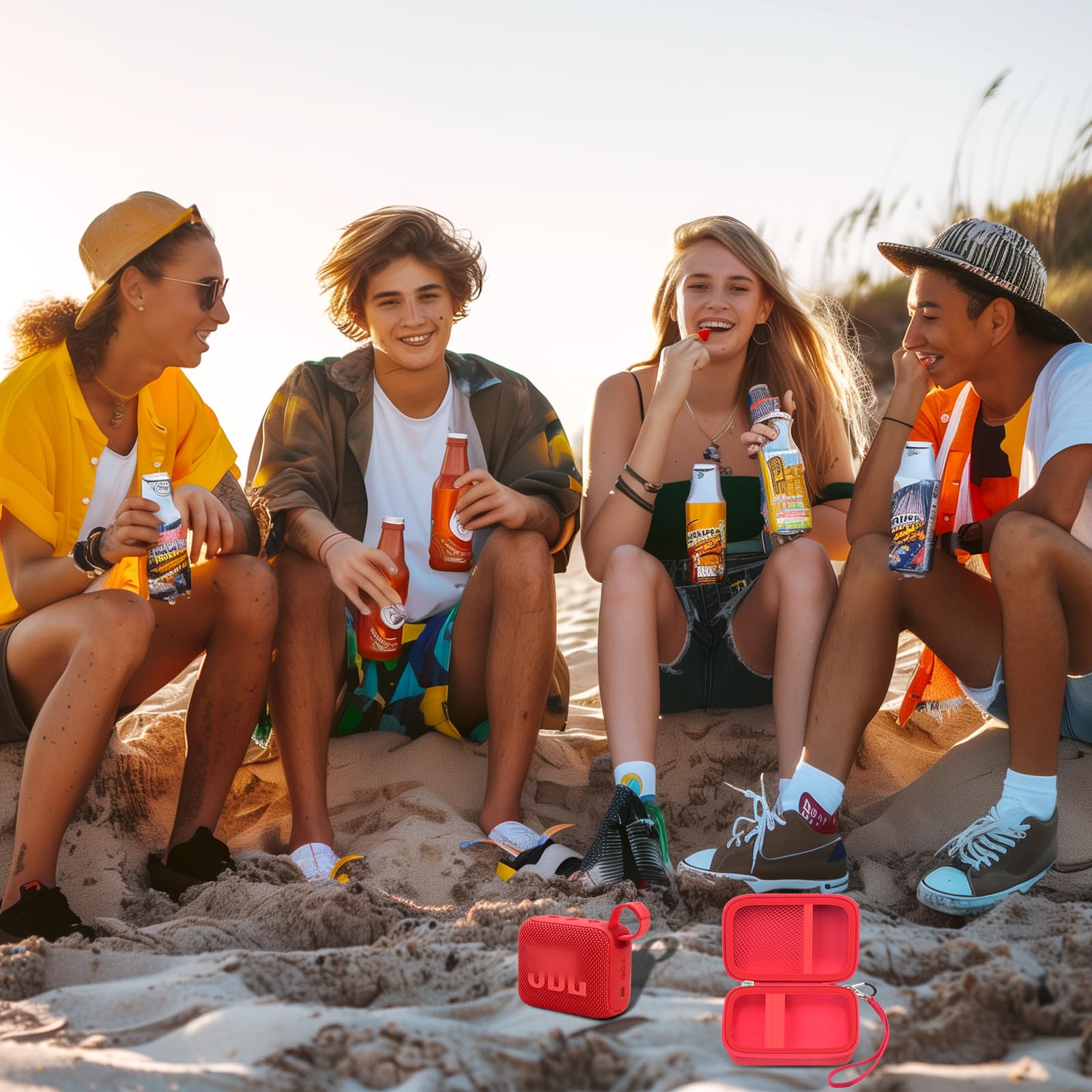Friends using a JBL Go speaker with the open red travel case at the beach