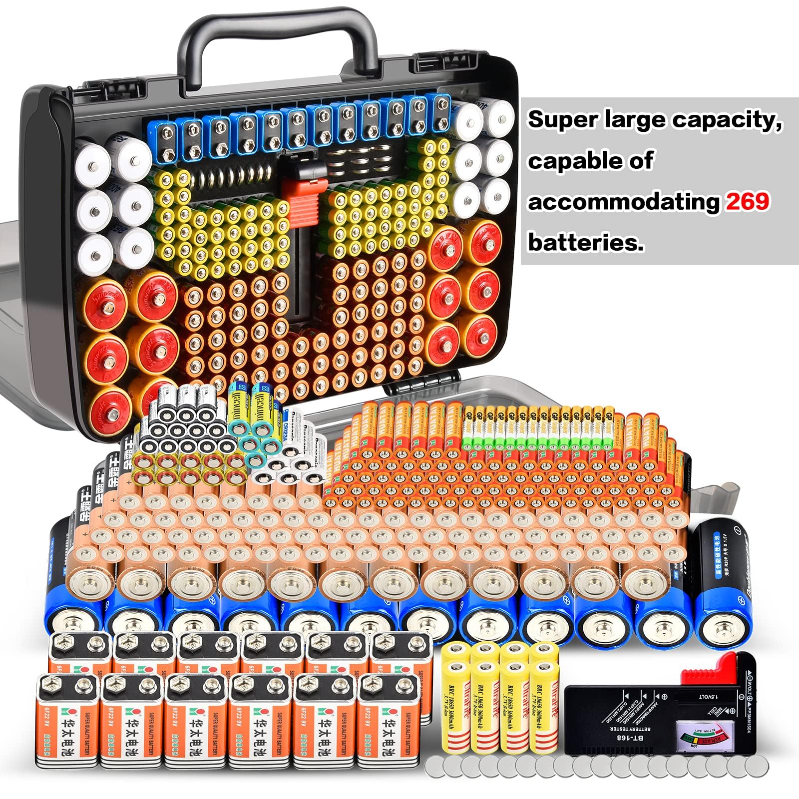 Dark gray 269-slot battery organizer case large-capacity organizer shown with supported battery sizes