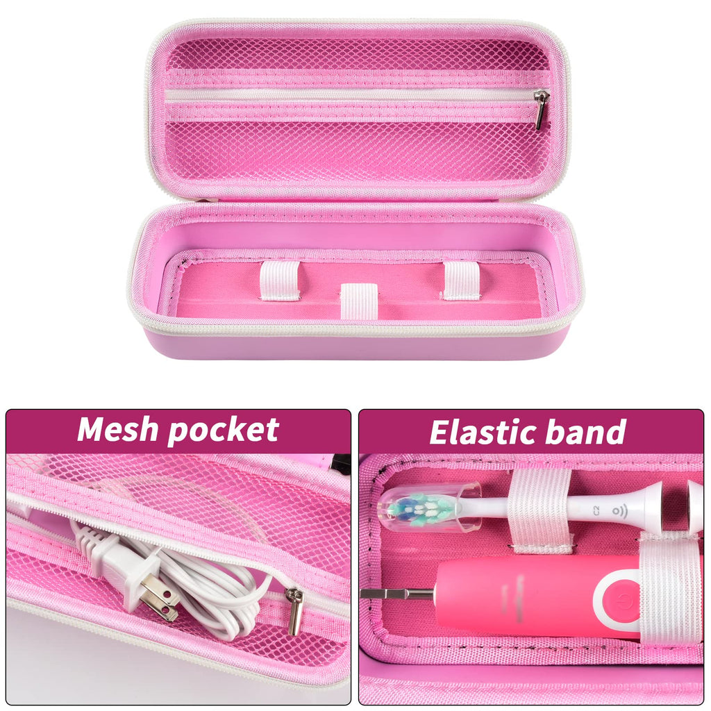 Pink toothbrush case interior with mesh pocket, elastic band, and molded compartments
