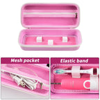 Pink toothbrush case interior with mesh pocket, elastic band, and molded compartments