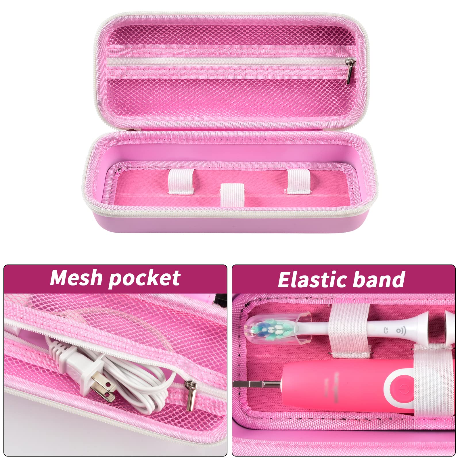 Pink toothbrush case interior with mesh pocket, elastic band, and molded compartments
