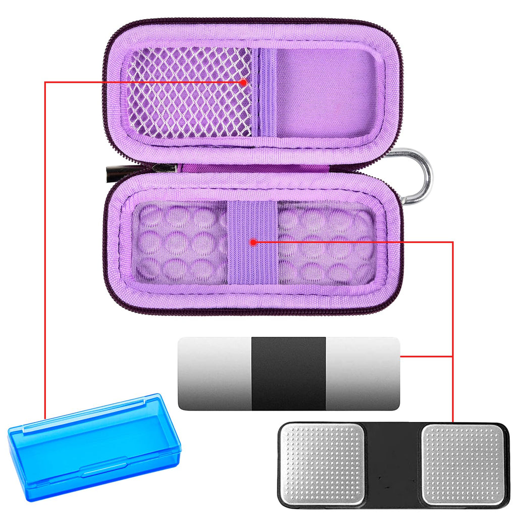 Open purple KardiaMobile case with mesh pocket, sensor area, and accessory compartments