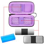 Open purple KardiaMobile case with mesh pocket, sensor area, and accessory compartments