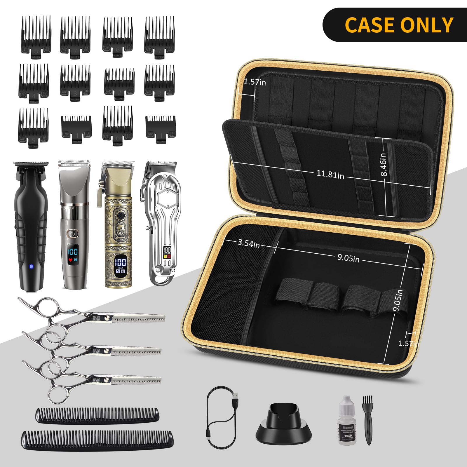 Open black and gold professional clipper case with elastic tool loops and grooming accessories; case only
