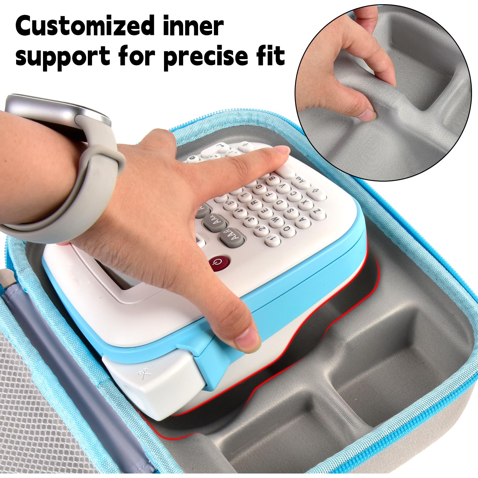 Custom-fit molded interior securing a compact label maker inside the gray and blue case