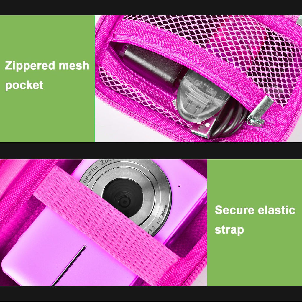 Magenta protective digital camera case zippered mesh pocket and elastic camera strap interior