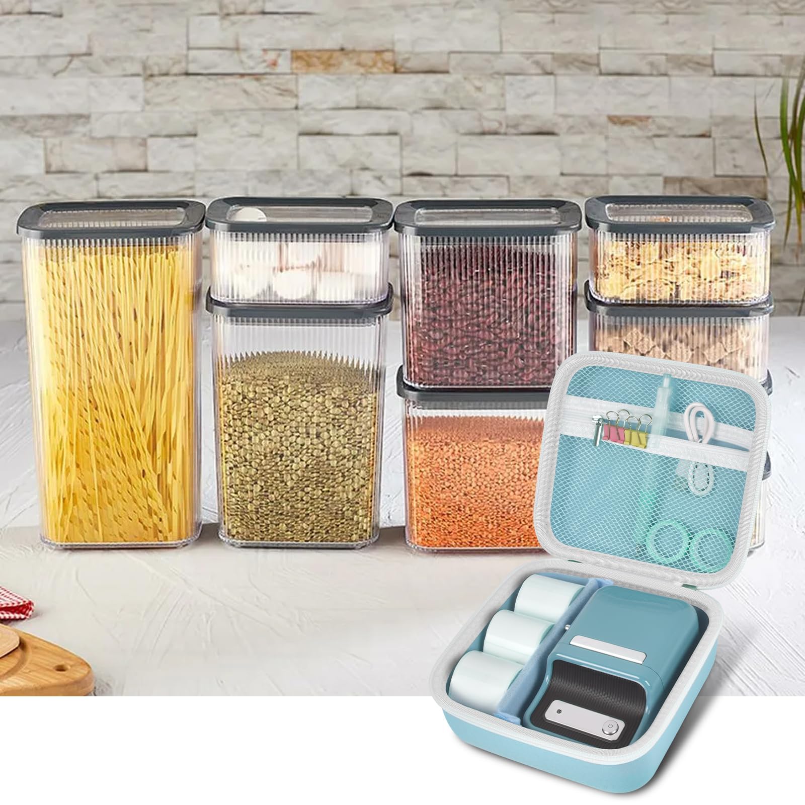 Open light blue NIIMBOT case organizing a label maker and accessories in a kitchen