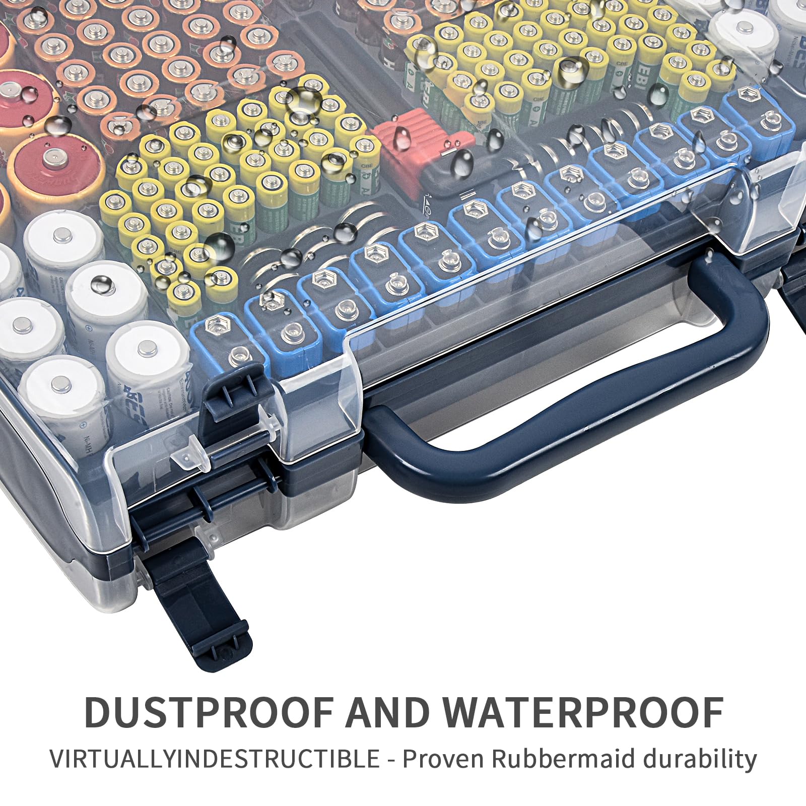 Navy blue 269-slot battery organizer case dustproof and water-resistant hard case demonstration