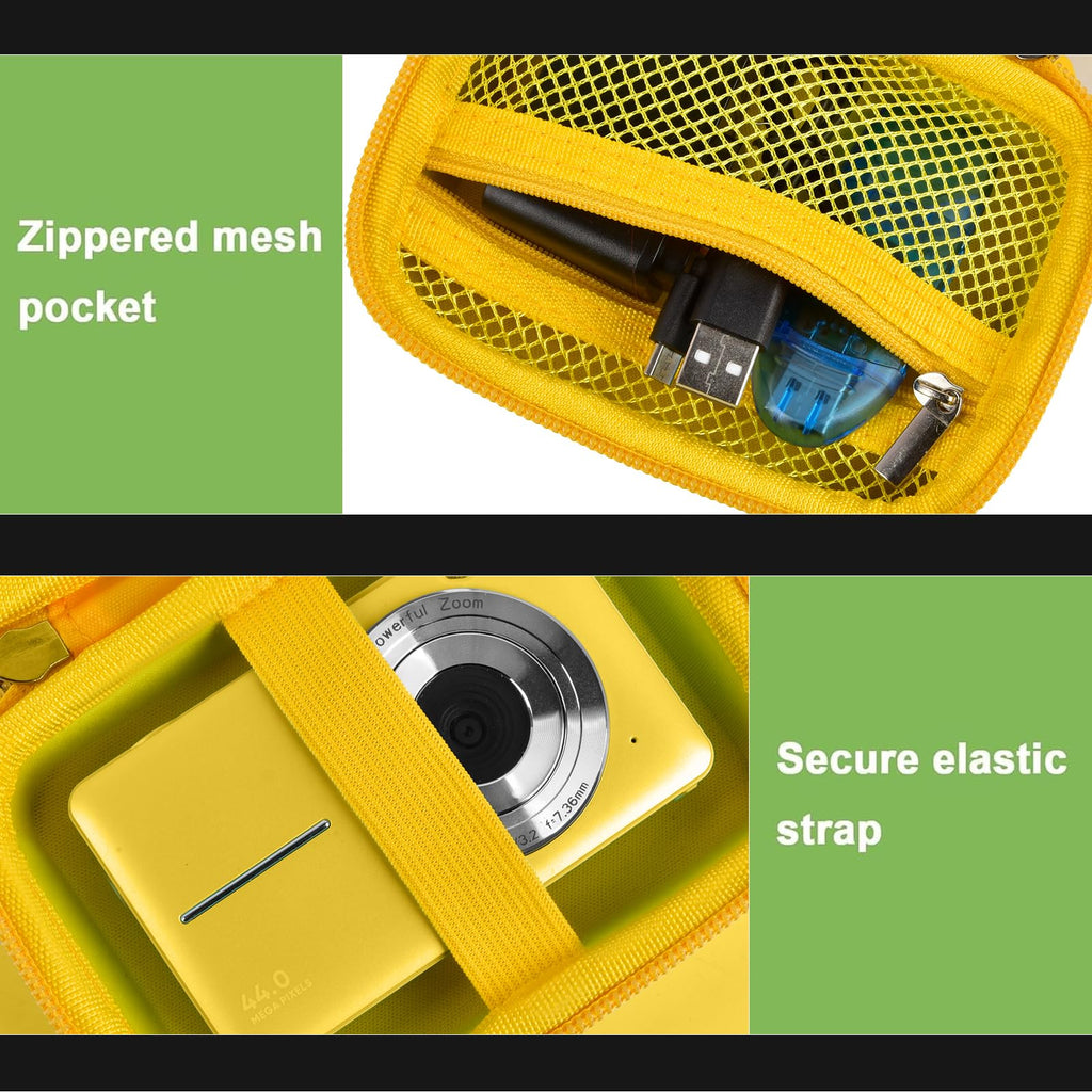 Yellow protective digital camera case zippered mesh pocket and elastic camera strap interior