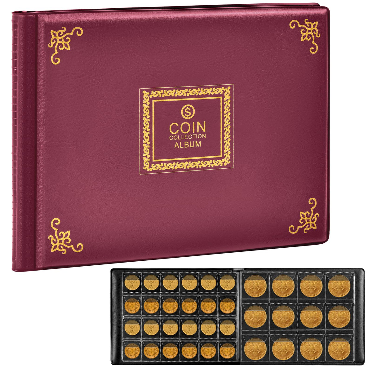 300-Pocket Coin Collection Album – Vintage pattern burgundy – protective case product view