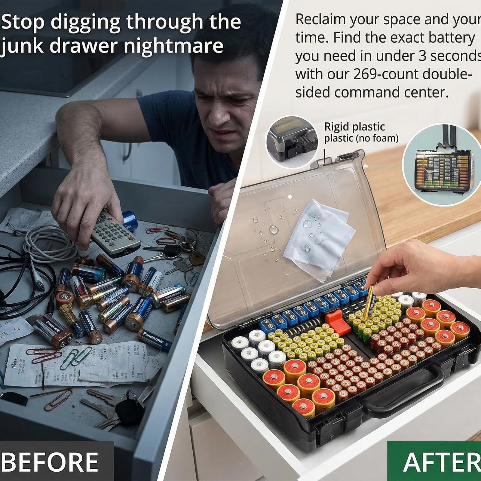 Dark gray 269-slot battery organizer case before-and-after battery organization comparison