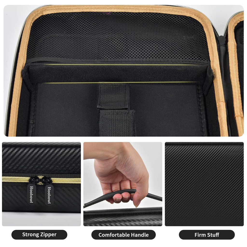Black and gold barber case with mesh pocket, strong zipper, handle, and firm protective shell