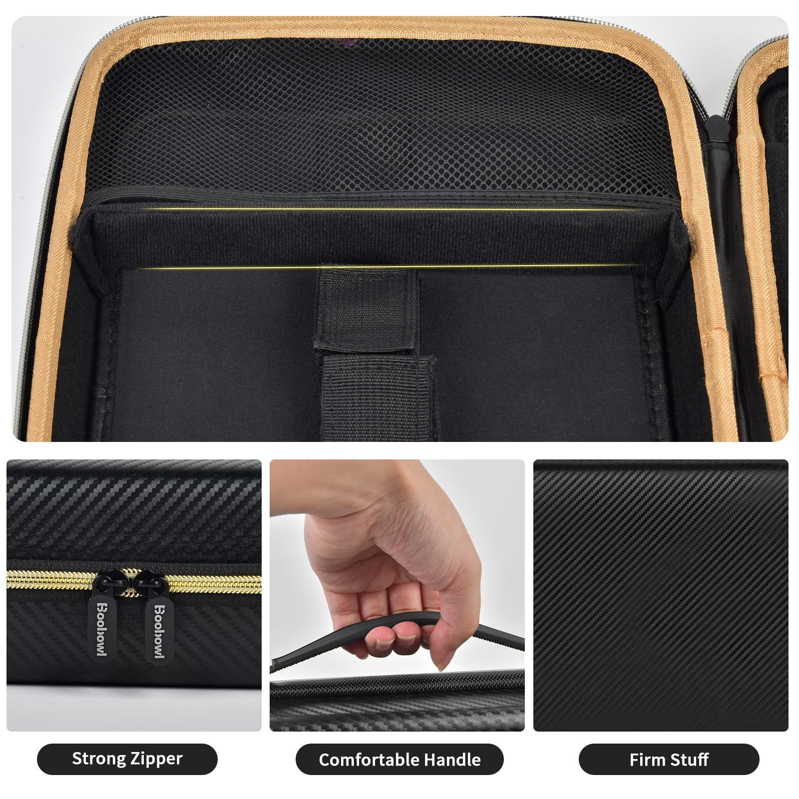 Black and gold barber case with mesh pocket, strong zipper, handle, and firm protective shell
