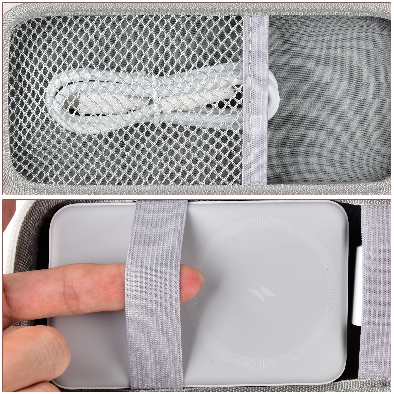 White case interior securing a magnetic power bank with elastic straps and charging cable in the mesh pocket