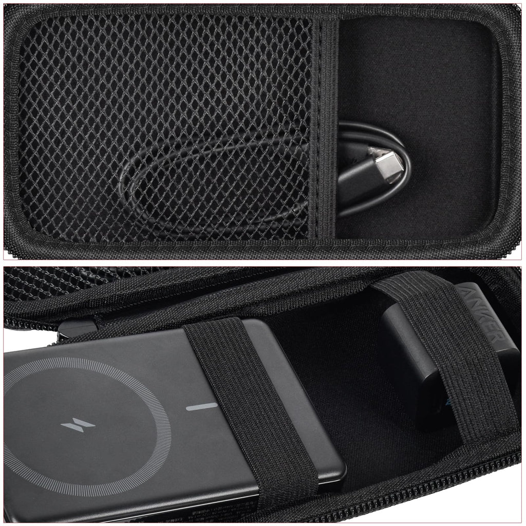 Black case interior securing a magnetic power bank with elastic straps and cable in the mesh pocket